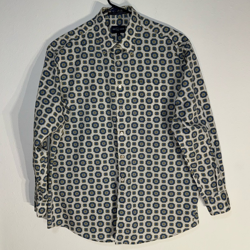 Men’s Alan Flusser long sleeve button down blue/yellow print shirt Size XL
